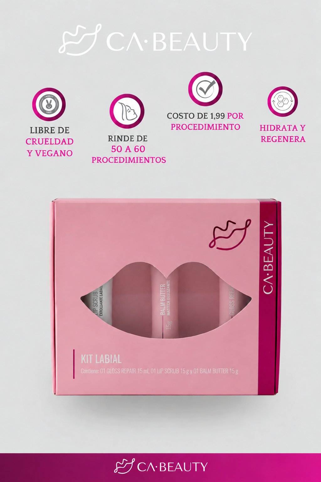 Kit Labial CA Beauty | Lip Scrub, Balm Butter y Gloss Repair