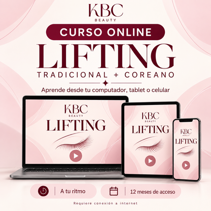 Curso online de lifting tradicional y coreano KBC Beauty, disponible en computador, tablet y celular.