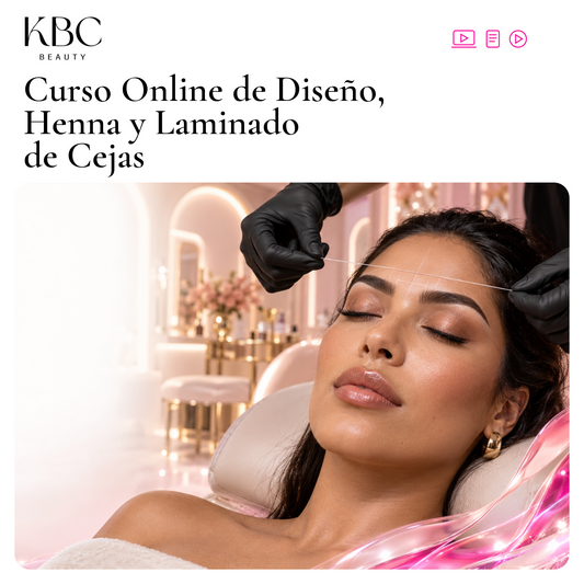 Curso Online de Diseño, Henna y Laminado de Cejas KBC Beauty: montaje editorial promocional generado con IA e iconos de aprendizaje online