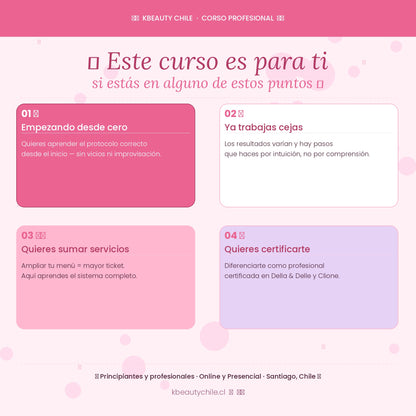 Curso Profesional de Cejas · Laminación + Henna + Spa · Métodos Della & Delle y Clione · AMLA REBUILD · Online y Presencial Chile